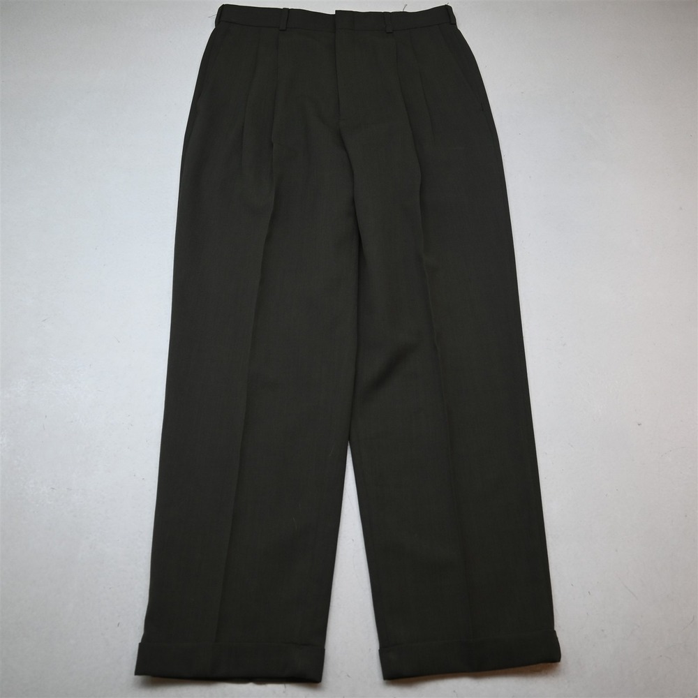 Vtg Y2K 2000s 33x32 Green Wool Original Fit Pleated Cuffed Baggy Dress Pants